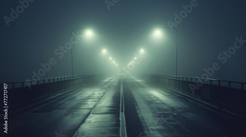 A misty fog envelops a deserted highway creating an ethereal and ghostly ambiance in the dead of night. . .