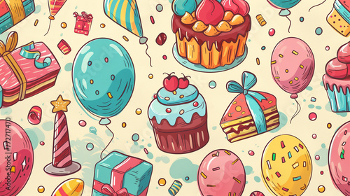 Birthday pattern with birthday cakes, balloons, gift boxes. Festive atmosphere, birthday celebration, party decorations. Background design.
