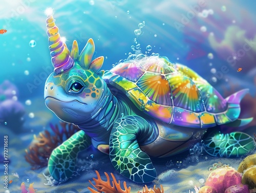 Cartoon unicorn turtle with a shimmering horn atop its shell, magical aura, vibrant underwater scene, joyful colors , high resolution © ItziesDesign