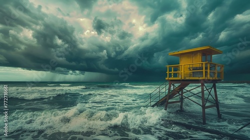 Lifeguard tower overlooking crazy ocean waves, high angle, stormy skies, dramatic contrast, vibrant turmoil , digital photography