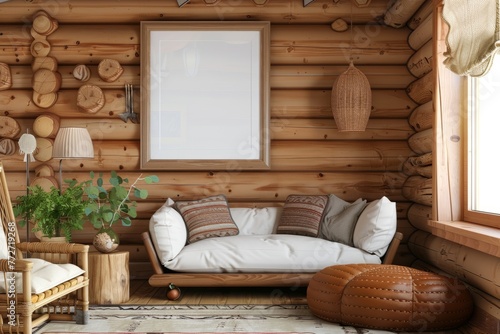 a living room in a log cabin with a couch and a chair