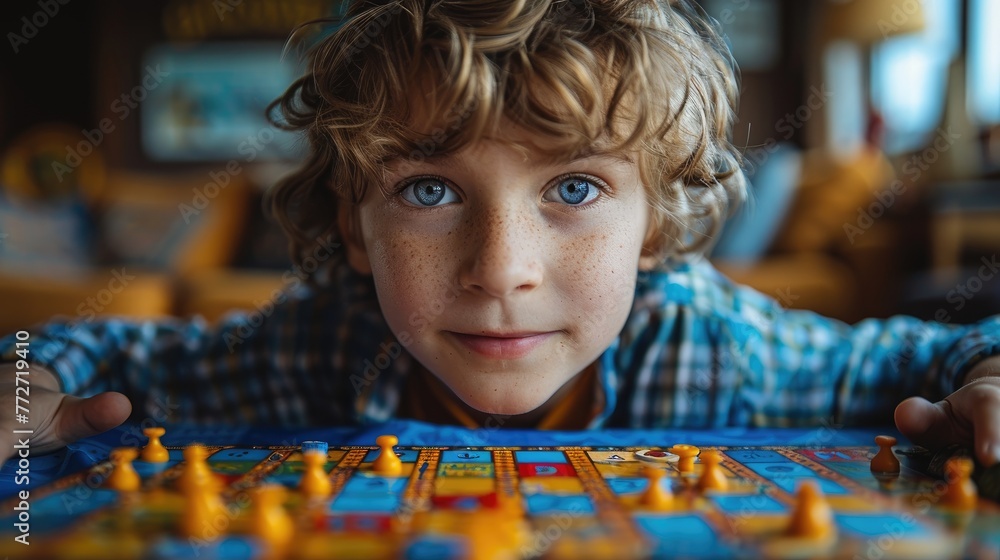 A boy's intense concentration playing a strategy board game