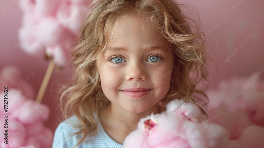 A child's face showing sheer happiness eating cotton candy A child's face showing sheer happiness eating cotton candy