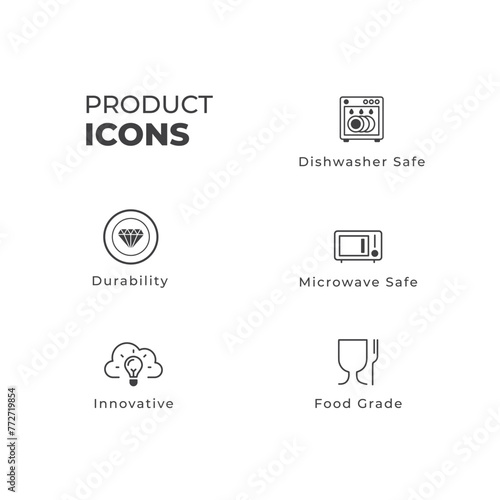 Product Packaging icons line art icons BPA free, water resistant, dish washer, innovative, premium, microwave safe, food grade, fast delivery, customer support 