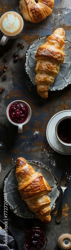 Croissant with jam, bustling cafe, dawn light, espresso shot, overhead shot, photorealistic, food photograpy , high resolution DSLR photo