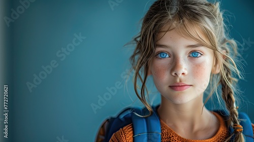 A young girl's apprehensive look on the first day of school photo