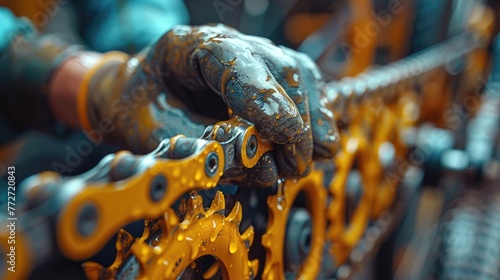 An individual cleaning and oiling a squeaky bicycle chain photo