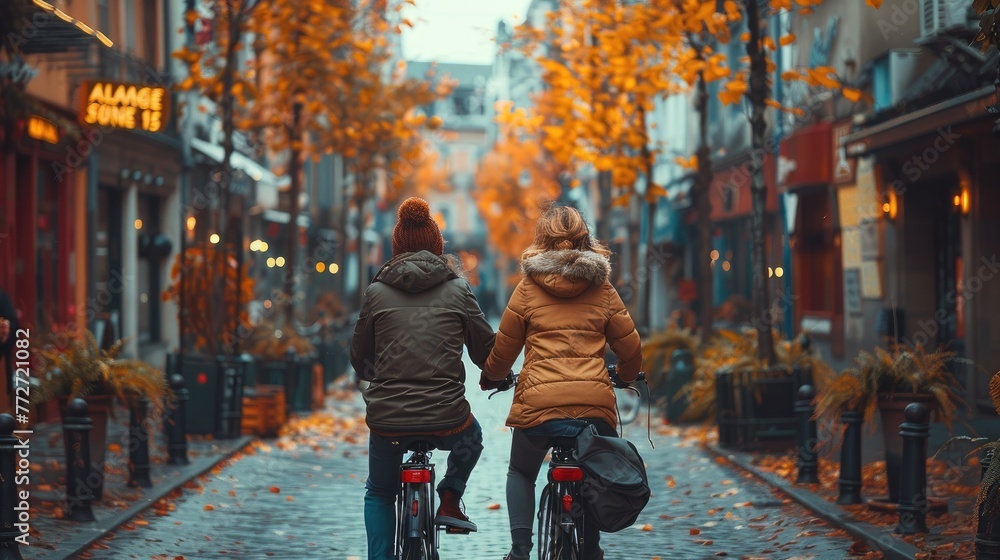 Friends sharing a tandem bicycle ride through the city Friends sharing a tandem bicycle ride through the city