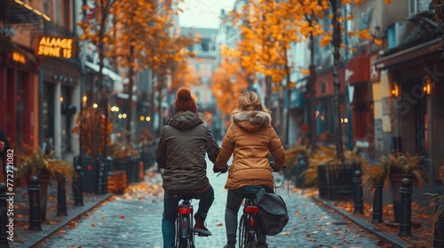 Friends sharing a tandem bicycle ride through the city