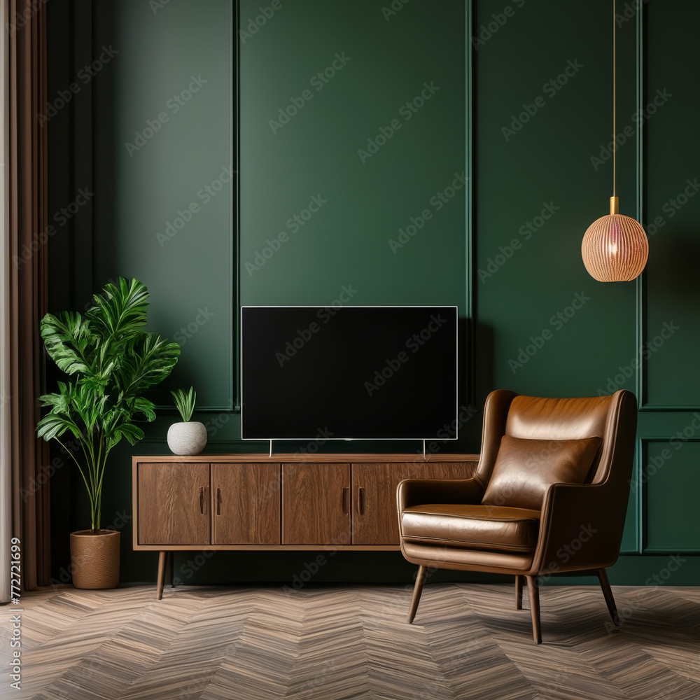 TV on the wall in modern living room interior. 3d render TV on the wall in modern living room interior. 3d render