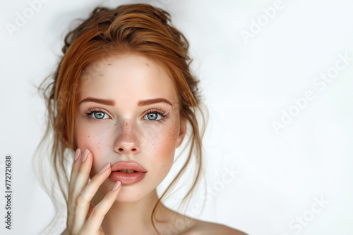 Pretty young woman with a sensual gaze  her hand softly touching her lips  on a white isolated background. photo on white isolated background