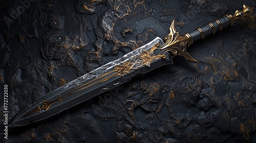a dagger from a dynamic tilted angle view, emphasizing its sharpness and intricate details Incorporate a moody color scheme