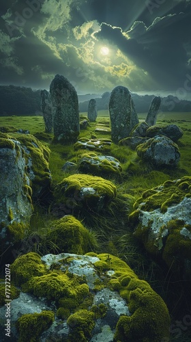 Ancient Stone Circle, Moss-covered, Holding ancient secrets, Moonlight breaking through clouds