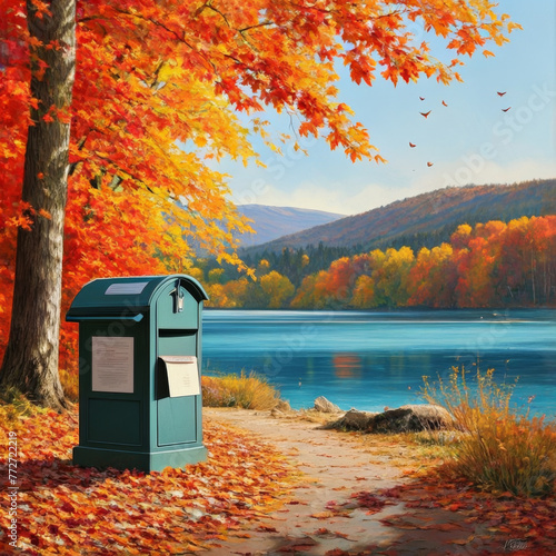 Blue mail box on the bank of the lake in the autumn forest