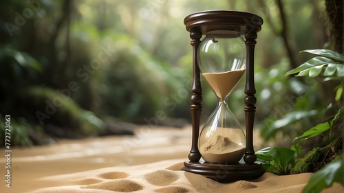 The foreground features an hourglass with sand trickling down, signifying urgency. The background is softly focused and features a beautiful, dense jungle rich with species. photo