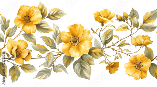 A painting of yellow flowers with green stems. The flowers are in a field and are in full bloom