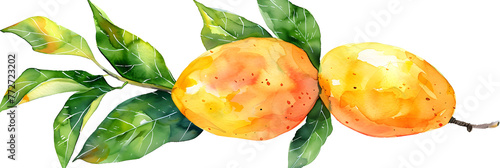 Watercolor Mango brench Cottagecore style tea party,Exotic fruit kumquat with green leaves Watercolor realistic handdrawn illustration isolated on white
 photo