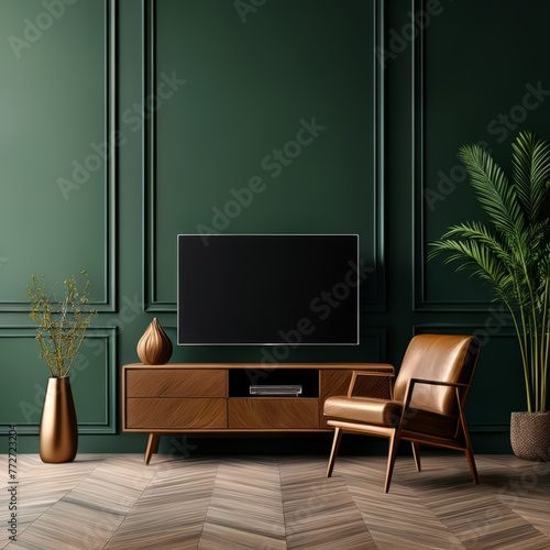 TV on the wall in modern living room interior. 3d render