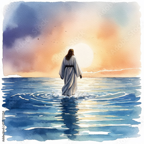 Nativity scene. Jesus in the water. Watercolor painting.