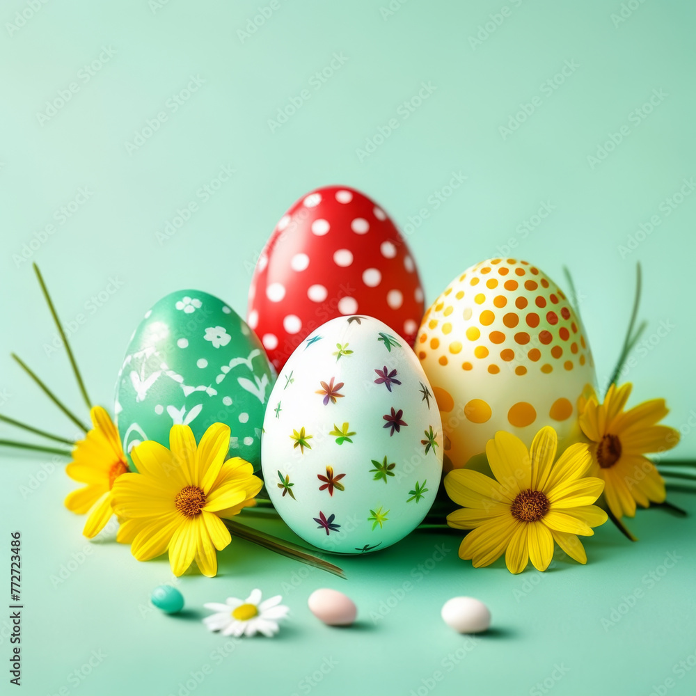 Easter eggs and daisies on a green background with copy space