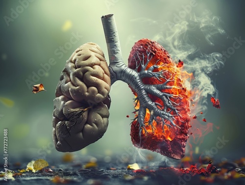 Smoking harms both lung and brain health, as the fire of tobacco smoke inflicts damage on vital organs. photo