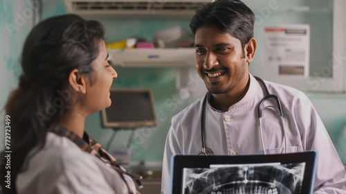 a smiling indian specialist dentist sharing xrays with a patient, Colgate inspired  photo