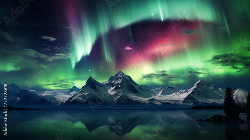 Celestial Aurora over a mountain lake with the reflection in the water an awe-inspiring astrophotography image