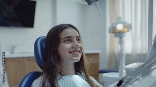 A young teenager  a girl of 12 years old at the dental office  in a navy blue dental chair  smiling at the doctor in front of him  