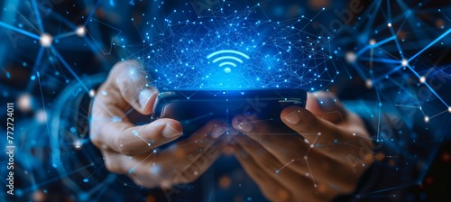 Wi-Fi wireless network data connection. Generative AI technology. photo