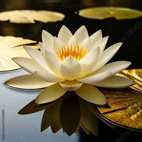 Beautiful white water lily on dark water surface with green leaves