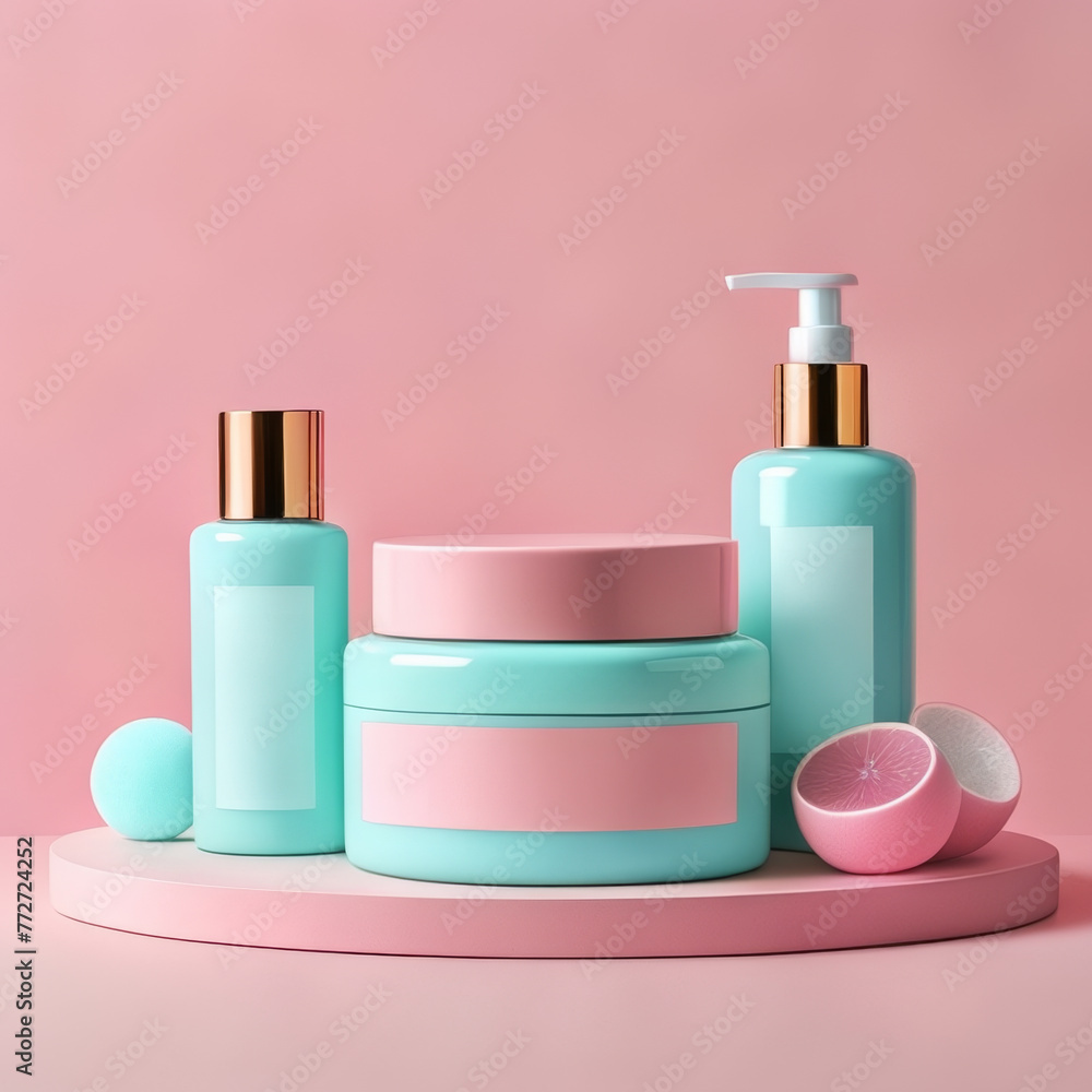 Cosmetic products on pastel background. 3d rendering, mock up. Cosmetic products on pastel background. 3d rendering, mock up.