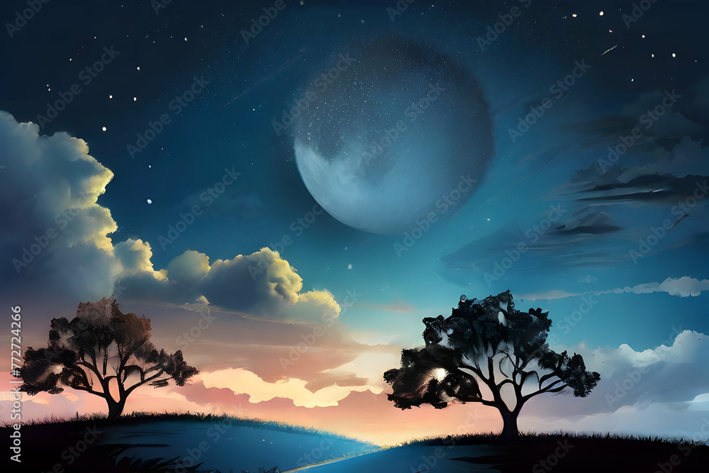 landscape with moon and stars night, sky, landscape, nature, star, stars, tree, dark, space, sea, moonlight, water, blue, full, light, silhouette, vector, ocean, illustration, planet, Ai generated landscape with moon and stars night, sky, landscape, nature, star, stars, tree, dark, space, sea, moonlight, water, blue, full, light, silhouette, vector, ocean, illustration, planet, Ai generated