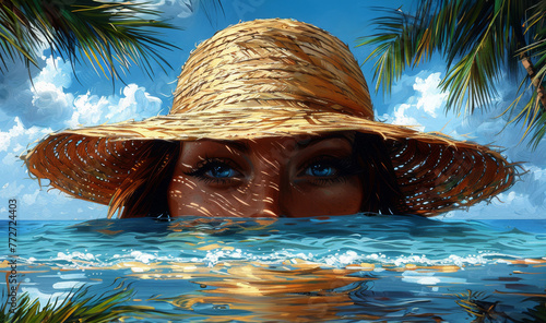 Mysterious Eyes Gaze From Straw Hat Amidst Tropical Blue Seascape photo