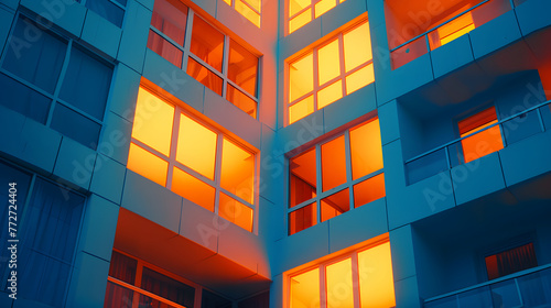 A building with many windows and a yellow glow. The building is tall and has a modern look