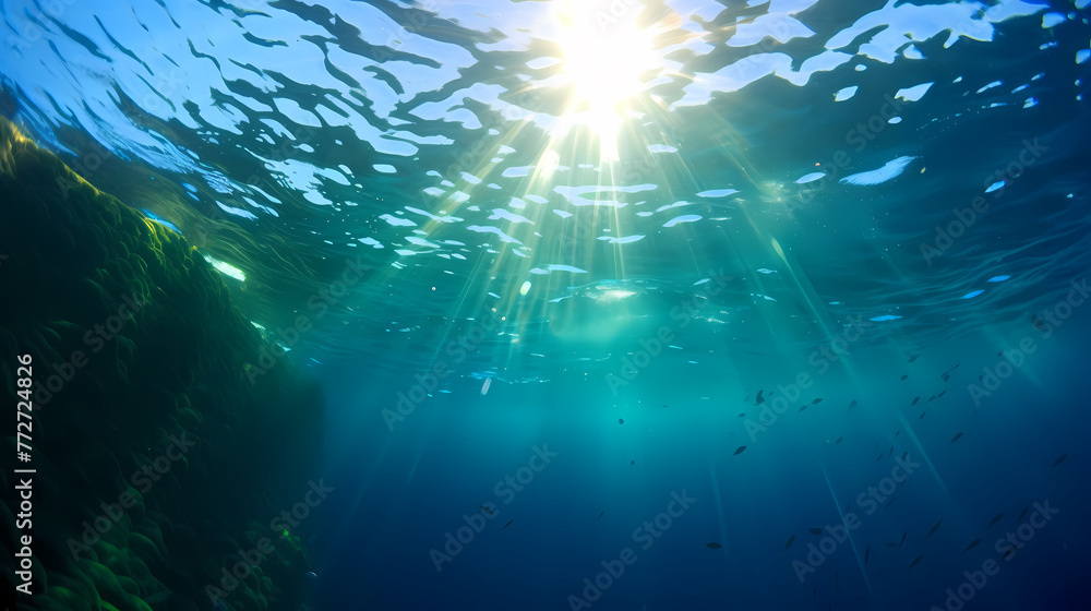 Sun's rays penetrate in clear blue underwater scene Sun's rays penetrate in clear blue underwater scene