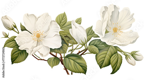 White flower with green leaves is shown in the center of the image. Concept of calmness and serenity  as the white flowers