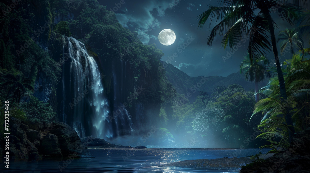 A tropical paradise is transformed into a dreamy escape by the moons soft glow highlighting a majestic waterfall in all its mystical . .