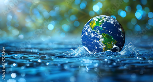 Earth in water with bright blue bokeh background, world water day banner concept showcasing the beauty and importance of water conservation and the preservation of our planet.