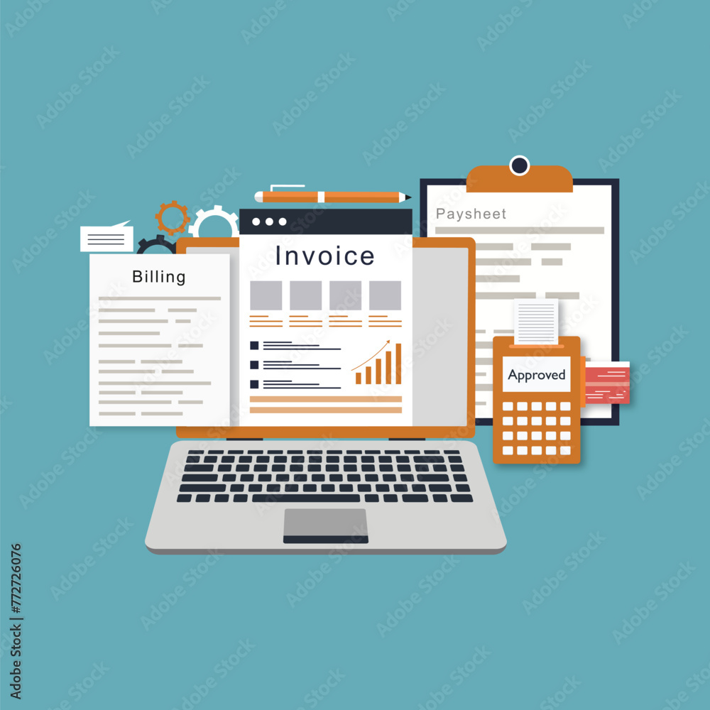 Business audit and financial research. Auditor doing systematic control of expenses, estimate of budget, corporate documents, accounting process flat vector illustration. Finance, calculation  - obrazy, fototapety, plakaty 