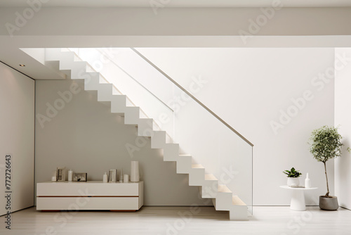 A bright white living room with a modern spiral staircase