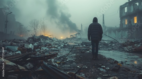 Amidst the debris of shattered dreams, a solitary figure stands as a testament to the resilience of the human spirit in the face of adversity. #772726647