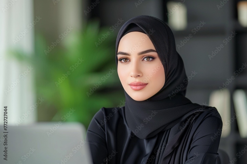 Muslim woman wearing a hijab is working on a laptop in the office Muslim woman wearing a hijab is working on a laptop in the office