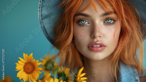 A model with orange hair, bangs, and freckles is wearing a denim shirt and a denim hat, is holding several sunflowers, and is posing