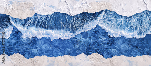 Blue with silver creative abstract ocean background banner for copy space text . Horizontal waves with white sea foam marble texture and sand beach.  Water panorama fluid Vita paper collage © Vita