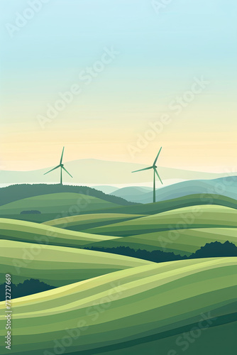 Gradient color windmill on green hills, minimalism style