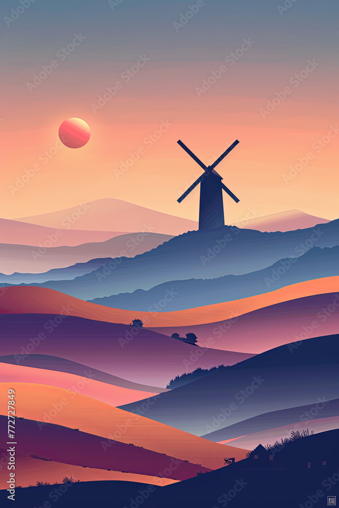 Obraz premium Gradient color windmill on hills, minimalism style