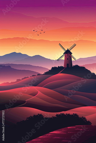 Gradient color windmill on hills, minimalism style