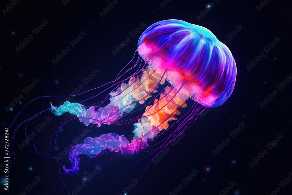 Glowing Colorful Jellyfish in the Depths of the Sea Glowing Colorful Jellyfish in the Depths of the Sea