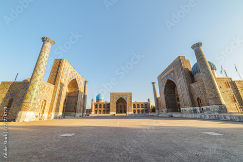 Awesome view of the Registan Square in Samarkand, Uzbekistan © efired