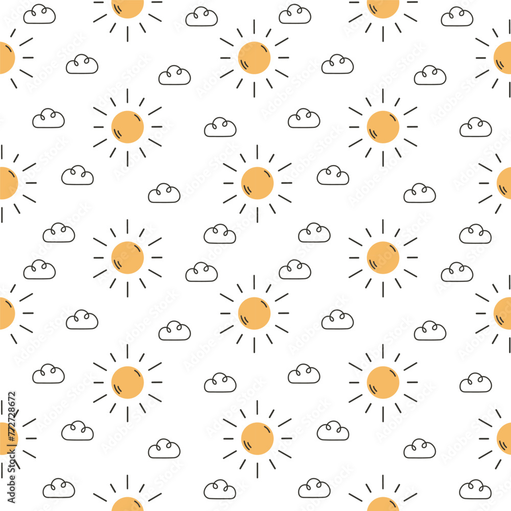 Seamless pattern with hand drawn sun and clouds